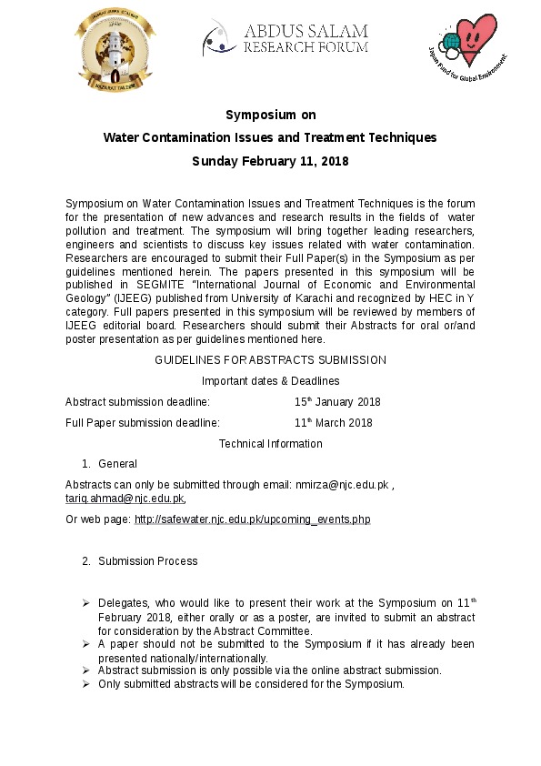 Abdus Salam School of Sciences, Nusrat Jahan College, Rabwah, District Chiniot, Pakistan is organizing International &nbsp;Symposium on Water Co...