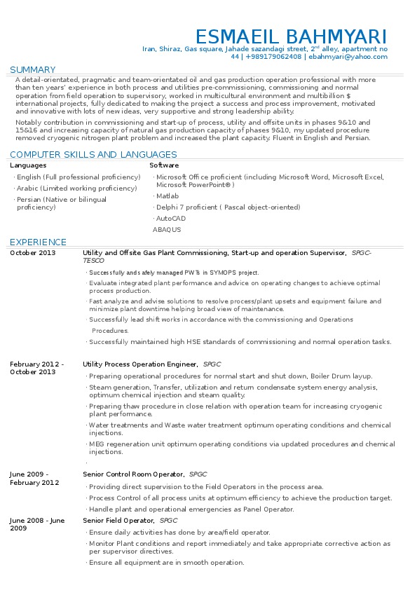 Esmaeil Bahmyari, Utilities operation supervisor at gas refinery