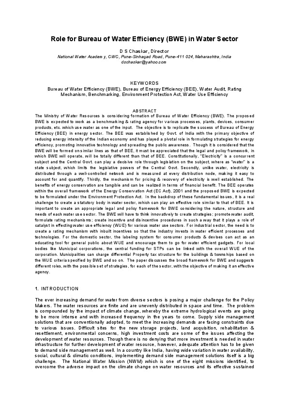 Role for Bureau of Water Efficiency (BWE) in Water Sector