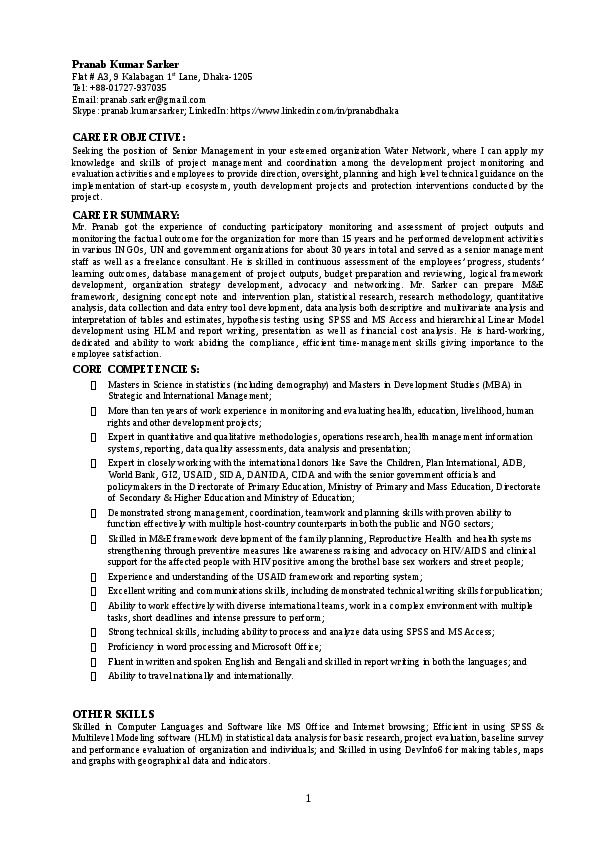 PRANAB KUMAR SARKER, M&E Officer